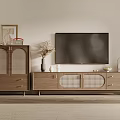 Modern Wooden TV Stand with Rattan Details and Wall Mounted TV with Decorative Vase