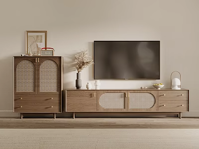 Modern Wooden TV Stand with Rattan Details and Wall Mounted TV with Decorative Vase 3d model