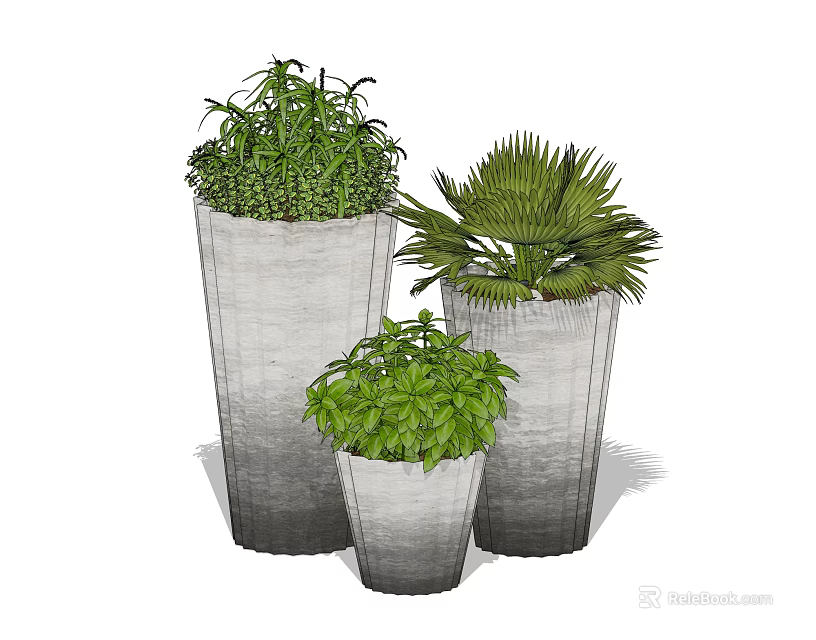 Three Bonsai Potted Plants in Gray Pots with Green Foliage and Different Sizes 3d model 