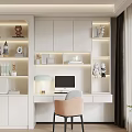 Modern Home Office Bookcase With White Desk Computer Decorative Items And Lighting 3d model