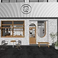 Modern Dessert Shop Interior with White Counter Wooden Tables and Pastry Display Case