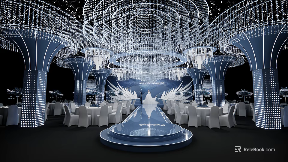 Elegant Banquet Hall Interior With Crystal Ceiling Decorations Stage And White Chairs 3d model 