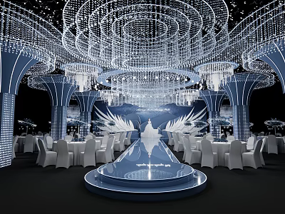 Elegant Banquet Hall Interior With Crystal Ceiling Decorations Stage And White Chairs 3d model