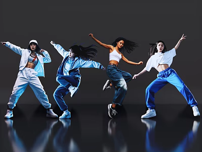 Four Women Dancing With Fluid Movements In Casual Outfits On Dark Background Reflective Floor 3d model