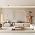 Modern Minimalist Living Dining Room Interior With Beige Sofa Brown Armchair And Marble Coffee Table
