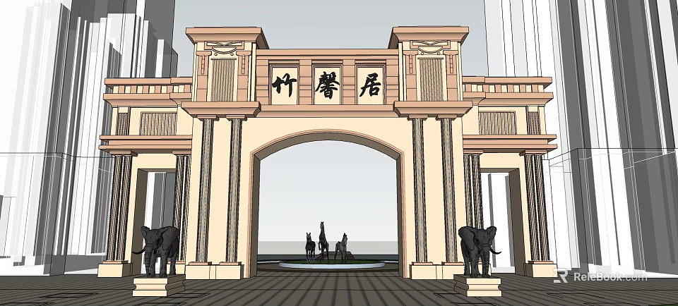 Ornate Chinese Style Main Entrance Gate With Archway Pillars And Elephant Sculptures 3d model 