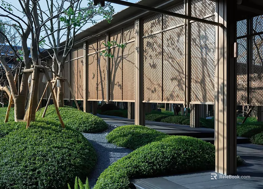 Tranquil Residential Landscape With Wooden Lattice Structures Lush Green Shrubs And Stone Pathway 3d model 