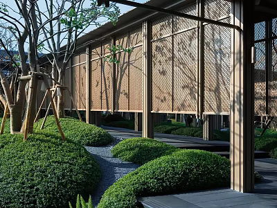 Tranquil Residential Landscape With Wooden Lattice Structures Lush Green Shrubs And Stone Pathway 3d model