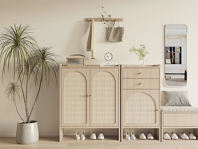 Light Wood Shoe Cabinet with Rattan Doors Drawers and Bench Cushion Near Potted Plant and Wall Mirror 3d model