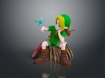 3D Character In Green Outfit Sitting On Tree Stump With Blue Windmill And Brown Boots 3d model