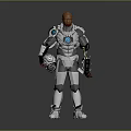 Futuristic Game Movie Character In Silver Mechanical Armor With Blue Glowing Core And Weapon