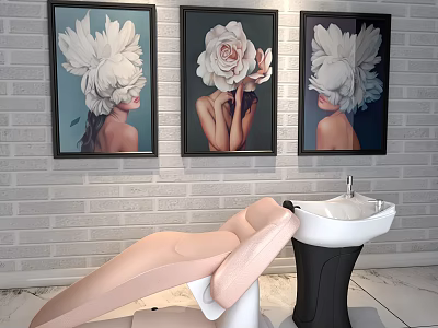 Elegant Shower Sauna Area With Floral Artworks Pink Lounge Chair And White Sink 3d model