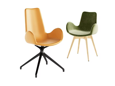Modern Yellow Leather Dining Chairs With Black Base And Green Velvet Wooden Legs 3d model