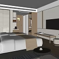 Modern Minimalist Hotel Room Interior With White Bedding Wooden Furniture And TV Lighting