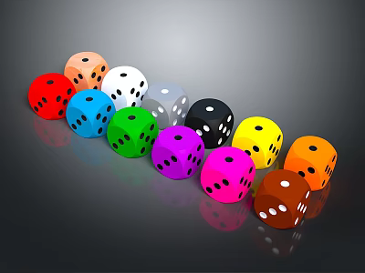 Colorful Dice With White Dots Arranged In Row On Dark Surface 3d model