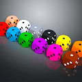 Colorful Dice With White Dots Arranged In Row On Dark Surface
