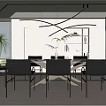 Modern Restaurant Interior With Open Design Dining Table Chairs Pendant Lights Bookshelf And Plants