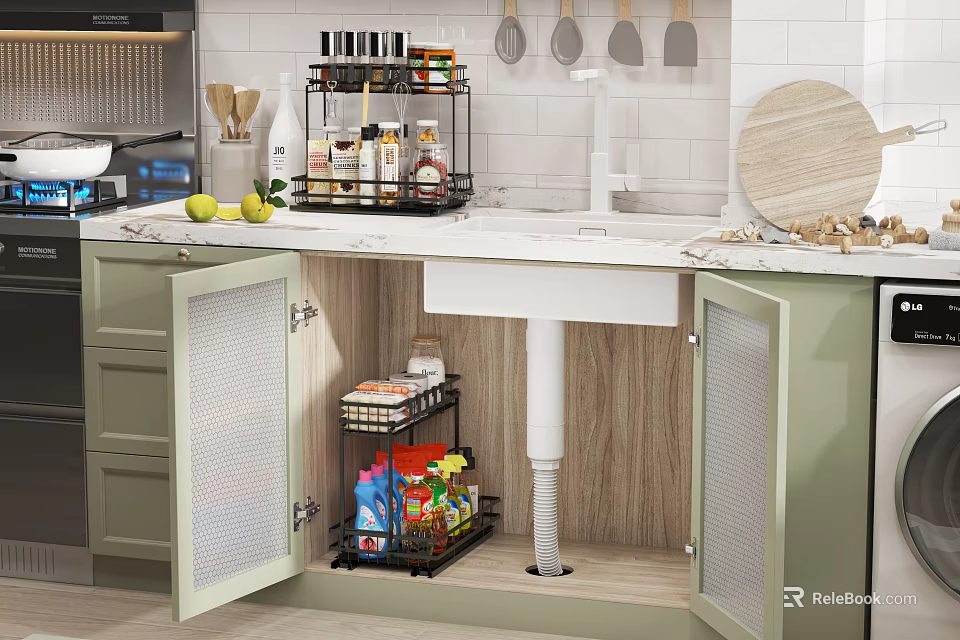 Green Kitchen Cabinets With Open Doors Featuring Storage Rack Inside Sink And Marble Countertop 3d model 