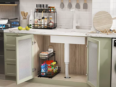 Green Kitchen Cabinets With Open Doors Featuring Storage Rack Inside Sink And Marble Countertop 3d model