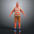 Man In Striped Polo Shirt Brown Shorts Blue Shoes 3D Model Standing Gray Background