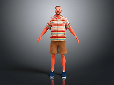 Man In Striped Polo Shirt Brown Shorts Blue Shoes 3D Model Standing Gray Background 3d model