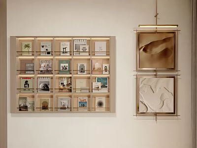 Modern Wall Decor Featuring Grid Shelving with Books and Framed Textured Art 3d model