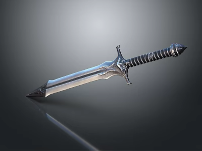 Ornate Metal Sword Weapon With Shiny Blade And Striped Hilt Design 3d model