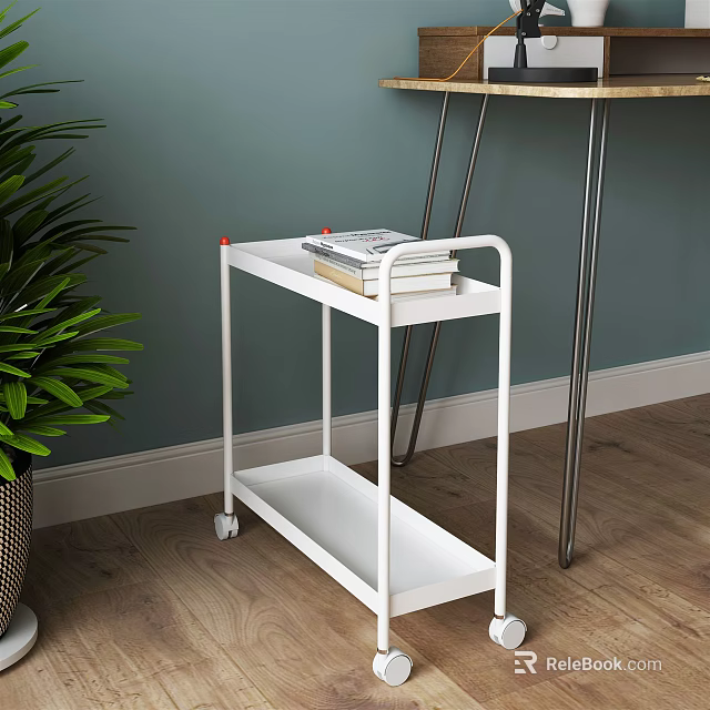 White Utility Cart With Wheels And Two Shelves Featuring Books And Green Plant 3d model 
