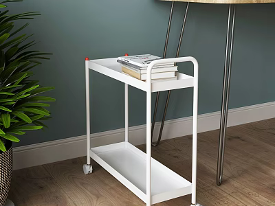 White Utility Cart With Wheels And Two Shelves Featuring Books And Green Plant 3d model