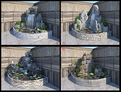 Courtyard rockery stacked water fountain schist stone pool fish water lily lotus 3d model