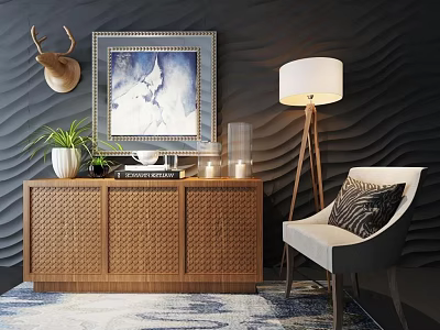 Modern Entryway Cabinet With Wooden Woven Panel Framed Artwork Deer Head Decor And Chair 3d model