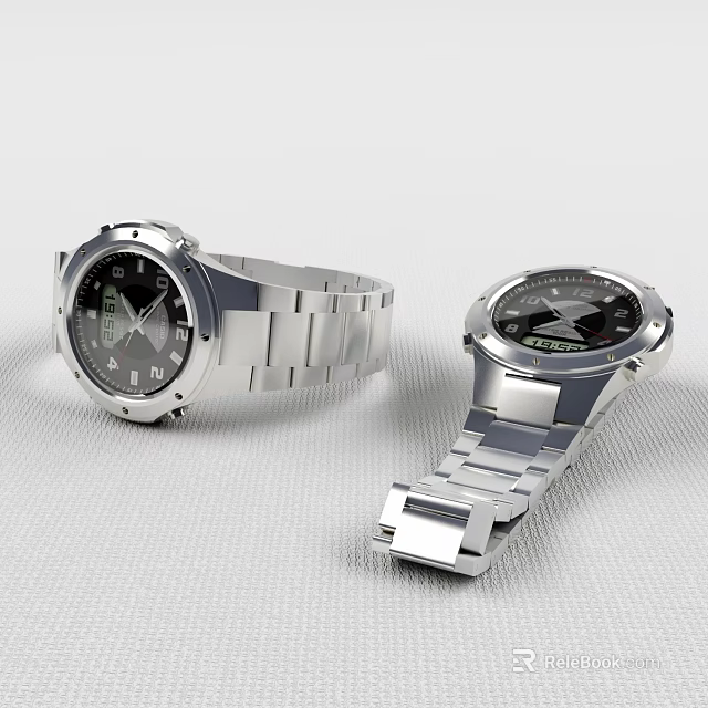 Two Modern Silver Stainless Steel Watches With Round Dial And Metallic Strap Design 3d model 