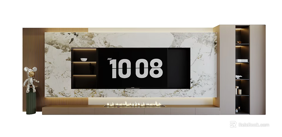 Modern TV Background Wall With Marble Texture LED Lights And Fireplace Design 3d model
