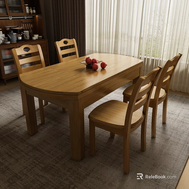 Cozy Restaurant Interior With Wooden Dining Table Four Chairs Red Fruits And Sideboard 3d model 