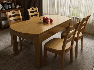 Cozy Restaurant Interior With Wooden Dining Table Four Chairs Red Fruits And Sideboard 3d model