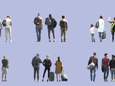 Diverse Group of People of Different Ages Carrying Backpacks and Luggage Walking Outdoors 3d model