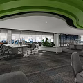 Modern Public Office Space With Workstations Computers Green Plants And Glass Partitions