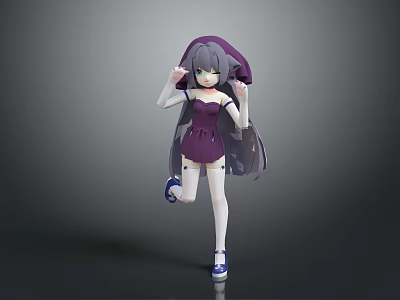 3D Anime Character Model With Gray Long Hair In Purple Dress And Rabbit Ear Hat 3d model