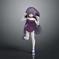 3D Anime Character Model With Gray Long Hair In Purple Dress And Rabbit Ear Hat