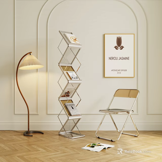 Modern Metal Bookshelf With Books And Coffee Cup Near Chair Floor Lamp And Wall Art 3d model 