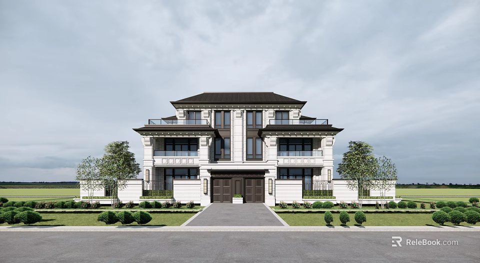 Semi Detached Villa Exterior Design With Symmetrical Facade Balconies And Landscaped Garden 3d model 