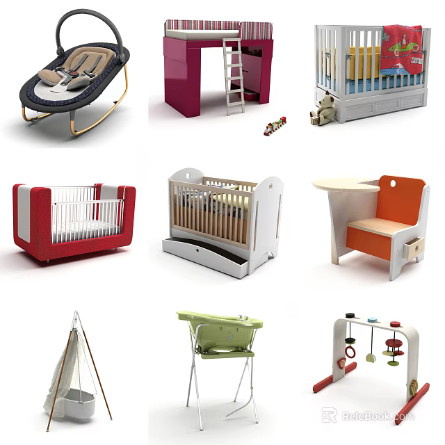 Different Styles of Baby Cribs with Rocking Wooden and Colorful Designs 3d model 