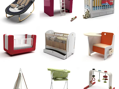 Different Styles of Baby Cribs with Rocking Wooden and Colorful Designs 3d model