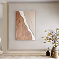 Abstract Painting Hanging on Light Gray Wall with Brown Beige Yellow Vase and Unique Lamp