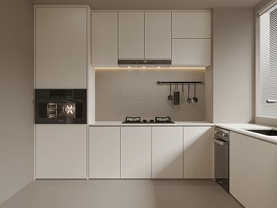 Modern Kitchen Interior Design With White Cabinets Built-in Oven Cooktop Range Hood And Dishwasher 3d model