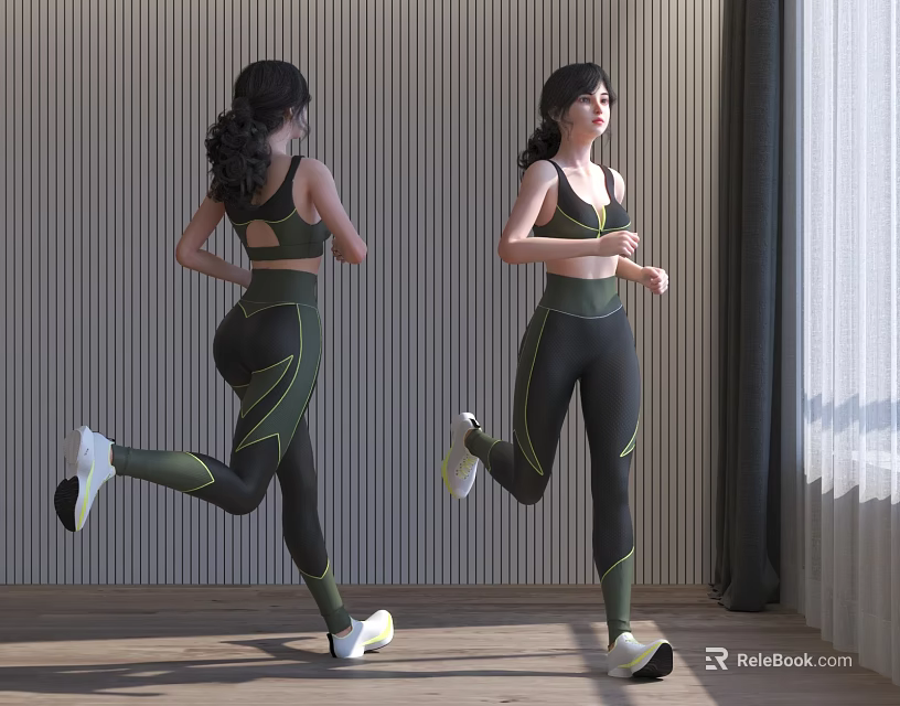 Woman Running Indoors Wearing Sportswear With Striped Wall And Wooden Floor 3d model 