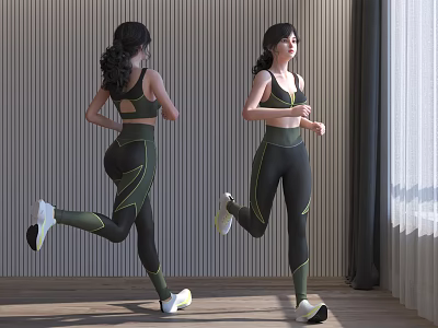 Woman Running Indoors Wearing Sportswear With Striped Wall And Wooden Floor 3d model