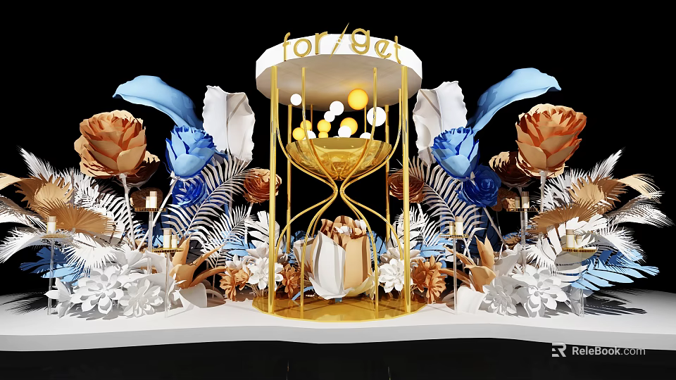 Artistic Decorative Installation With Gold Hourglass Structure Blue Gold Flowers White Leaves And Soft Lighting 3d model 