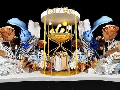 Artistic Decorative Installation With Gold Hourglass Structure Blue Gold Flowers White Leaves And Soft Lighting 3d model