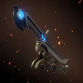 Ornate Mythical Sword With Glowing Blue Hilt Flaming Sparks And Detailed Ancient Design